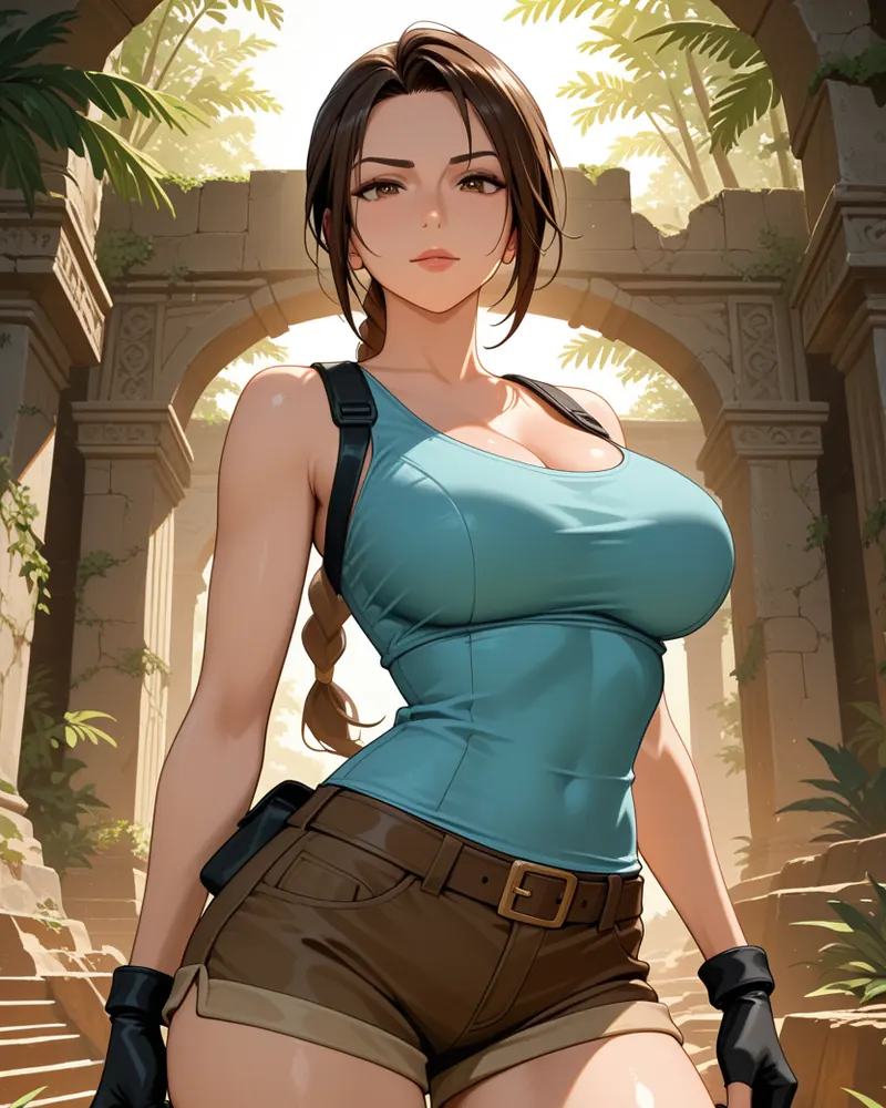 Lara Croft AI art: Lara in a teal tank top, brown shorts and fingerless gloves, walking through overgrown jungle ruins