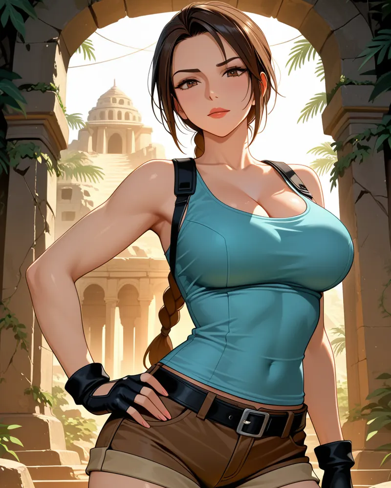 Lara Croft AI art: Lara with a hand on her hip under a stone archway, a domed jungle temple behind her