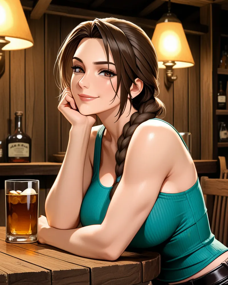 Lara Croft AI art: Lara in a teal top, chin on her hand at a lamplit wooden bar beside a glass of amber drink