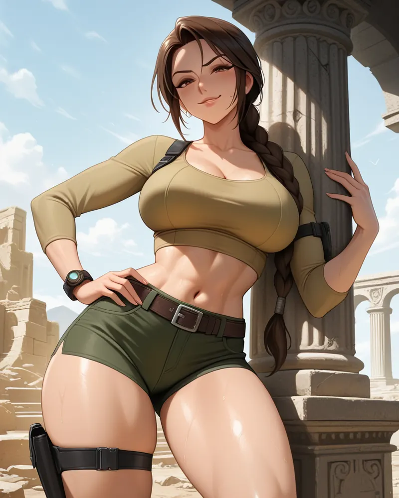 Lara Croft AI art: Lara in a khaki crop top and green shorts with a thigh holster, leaning against a stone column in sunlit ruins