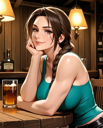 Lara Croft at a lamplit pub table with an old leather codex, chin on her hand, smiling at the viewer